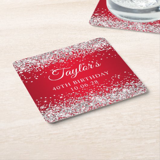 シルバーグリッターレッド40歳の誕生日 スクエアペーパーコースター (アングル)