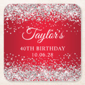 シルバーグリッターレッド40歳の誕生日 スクエアペーパーコースター (正面)