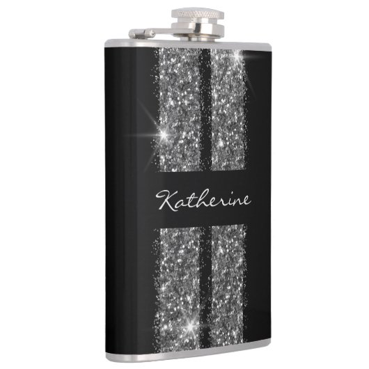 シルバーグリッターレースストライプカスタムパーソナライズされた フラスク (右)