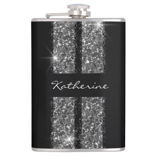 シルバーグリッターレースストライプカスタムパーソナライズされた フラスク (正面)