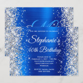 シルバーグリッターロイヤルブルーモノグラム40歳の誕生日 招待状 (正面/裏面)
