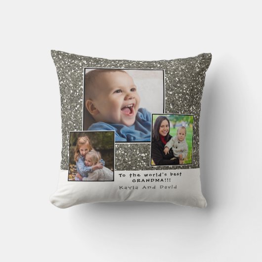 シルバーグリッターワール最高のズグランマフォトコラージュ クッション (正面)