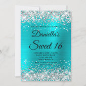 シルバーグリッター光沢のあるターコイズブルーフォイルスウィート16 招待状 (正面)