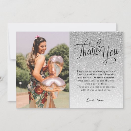 シルバーグリッター写真サンキューフラットカード 招待状 (正面)