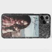 シルバーグリッター写真テンプレート名前をカスタムするブラック iPhoneケース (裏面横)