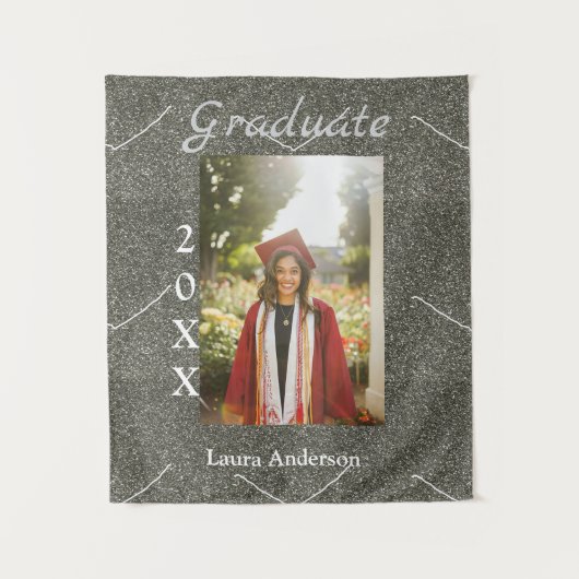 シルバーグリッター写真卒業証書 名前クラステキストを追加 タペストリー (正面)