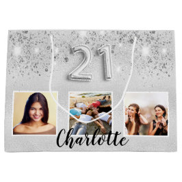 シルバーグリッター写真名21歳の誕生日 ラージペーパーバッグ