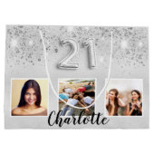 シルバーグリッター写真名21歳の誕生日 ラージペーパーバッグ (裏面)
