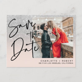 シルバーグリッター写真結婚式の日付を保存 案内ポストカード