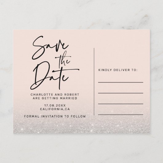 シルバーグリッター写真結婚式の日付を保存 案内ポストカード (裏面)