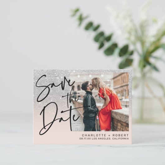 シルバーグリッター写真結婚式の日付を保存 案内ポストカード (スタンド正面)