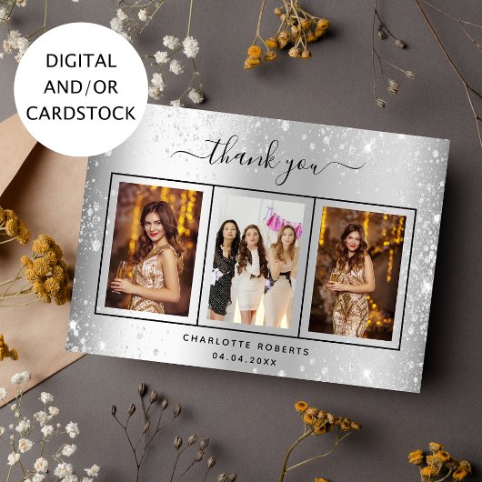 シルバーグリッター写真誕生日感謝カード 招待状