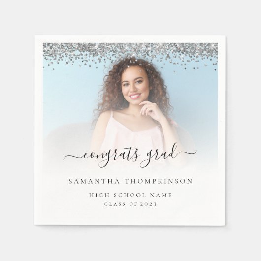 シルバーグリッター写真2024おめでとう卒業 スタンダードカクテルナプキン (正面)