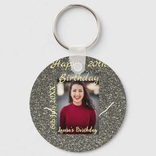 シルバーグリッター写真20th誕生日の追加の名前の日付 キーホルダー (正面)