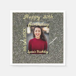 シルバーグリッター写真20th誕生日の追加の名前の日付 スタンダードカクテルナプキン