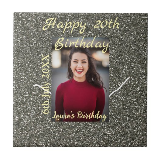 シルバーグリッター写真20th誕生日の追加の名前の日付 タイル (正面)