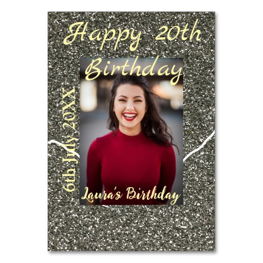 シルバーグリッター写真20th誕生日の追加の名前の日付 テーブルナンバー (正面)