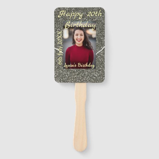 シルバーグリッター写真20th誕生日の追加の名前の日付 ハンドファン (正面)