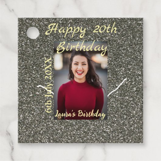 シルバーグリッター写真20th誕生日の追加の名前の日付 フェイバータグ (正面)