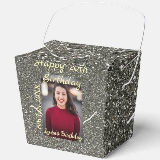 シルバーグリッター写真20th誕生日の追加の名前の日付 フェイバーボックス (正面)