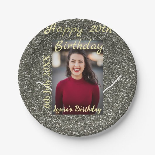 シルバーグリッター写真20th誕生日の追加の名前の日付 ペーパープレート (正面)