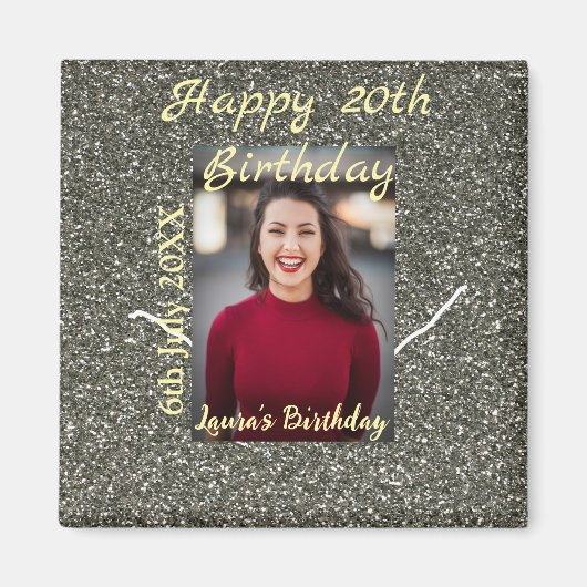 シルバーグリッター写真20th誕生日の追加の名前の日付 マグネット (正面)