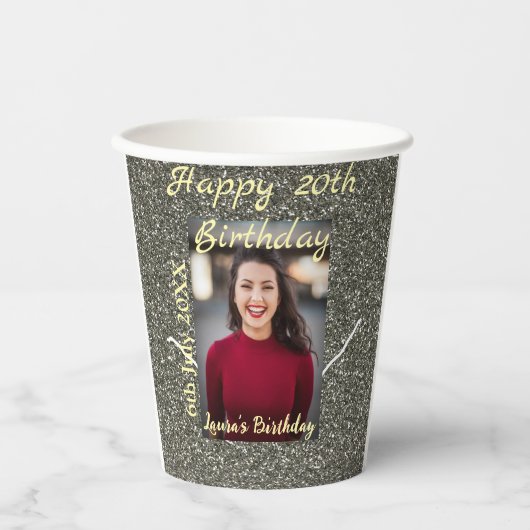 シルバーグリッター写真20th誕生日の追加の名前の日付 紙コップ (正面)