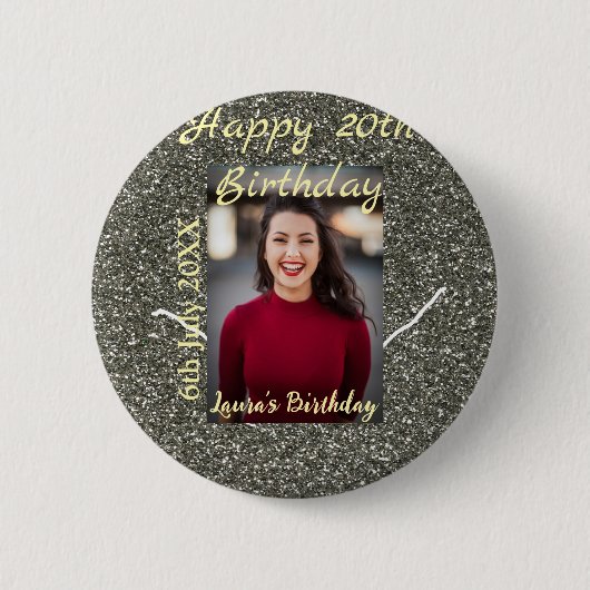 シルバーグリッター写真20th誕生日の追加の名前の日付 缶バッジ (正面)
