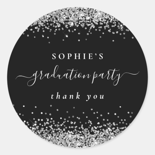シルバーグリッター卒業式パーティーブラックサンキューベイジン ラウンドシール (正面)
