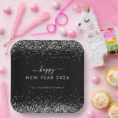 シルバーグリッター名ブラックハッピーニューイヤー2026 ペーパープレート (パーティー)