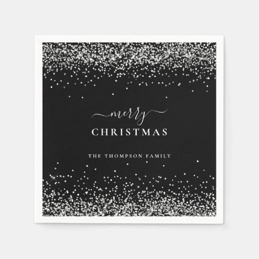 シルバーグリッター名ブラックメリークリスマス スタンダードカクテルナプキン (正面)