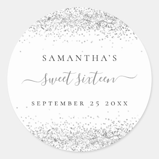 シルバーグリッター名日付Sweet sixteenパーティー ラウンドシール (正面)