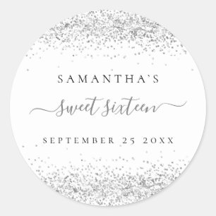シルバーグリッター名日付Sweet sixteenパーティー ラウンドシール