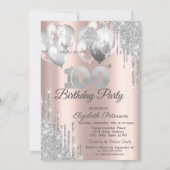 シルバーグリッター吹き気球100th誕生日パーティー 招待状 (正面)