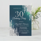 シルバーグリッター垂れ流しグリーン30歳の誕生日 招待状 (スタンド正面)