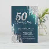シルバーグリッター垂れ流しグリーン50歳の誕生日 招待状 (スタンド正面)