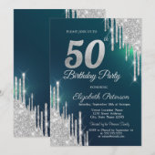 シルバーグリッター垂れ流しグリーン50歳の誕生日 招待状 (正面/裏面)