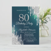 シルバーグリッター垂れ流しグリーン80歳の誕生日 招待状 (スタンド正面)