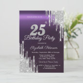 シルバーグリッター垂れ流しダークパープル25歳の誕生日 招待状 (スタンド正面)