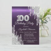 シルバーグリッター垂れ流しダークパープル 100歳の誕生日 招待状 (スタンド正面)
