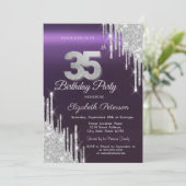 シルバーグリッター垂れ流しダークパープル 35歳の誕生日   招待状 (スタンド正面)