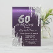 シルバーグリッター垂れ流しダークパープル 60歳の誕生日 招待状 (スタンド正面)
