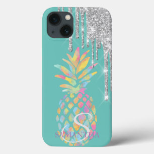 シルバーグリッター垂れ流しパイナップルミントグリーン iPhone 13ケース