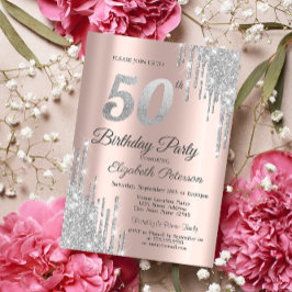 シルバーグリッター垂れ流しローズゴールド50歳の誕生日パーティー 招待状