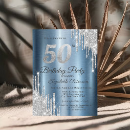 シルバーグリッター垂れ流し ブルーメタリック 50歳の誕生日 招待状