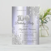 シルバーグリッター垂れ流し ライトパープル 100歳の誕生日 招待状 (スタンド正面)