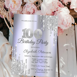 シルバーグリッター垂れ流し ライトパープル 100歳の誕生日 招待状