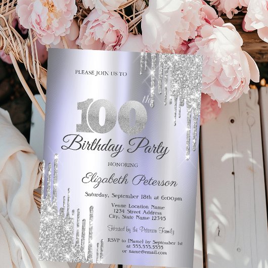 シルバーグリッター垂れ流し ライトパープル 100歳の誕生日 招待状