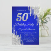 シルバーグリッター垂れ流し ロイヤルブルー 50歳の誕生日 招待状 (スタンド正面)