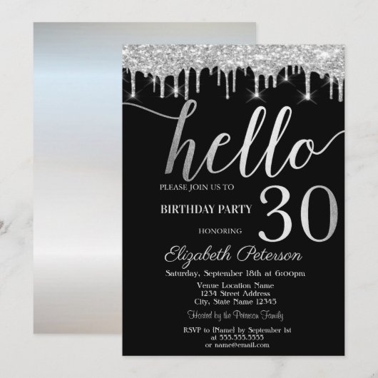 シルバーグリッター垂れ流し 30歳の誕生日パーティー 招待状 (正面/裏面)